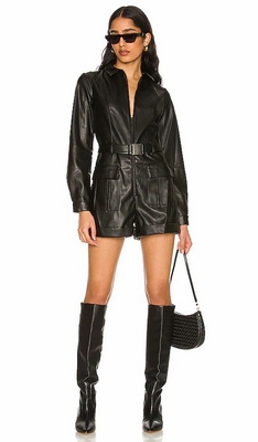 Black Bardot Vegan Leather Playsuit