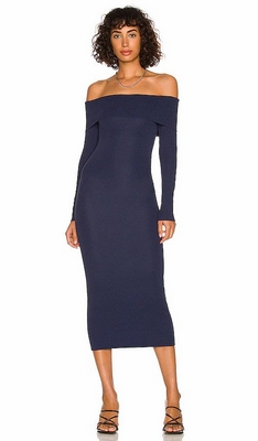 Navy Bardot Off Shoulder Knit Midi Dress