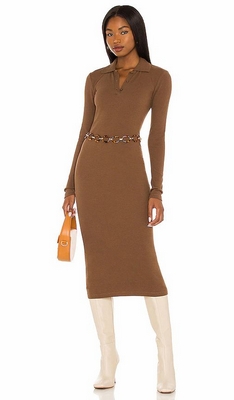 Brown Pam Gela Long Sleeve Midi Shirt Dress