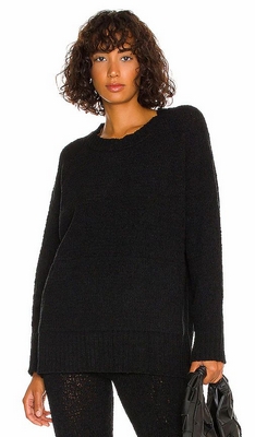 Black Plush Cozy Knit Oversized Crew Sweater With Pockets